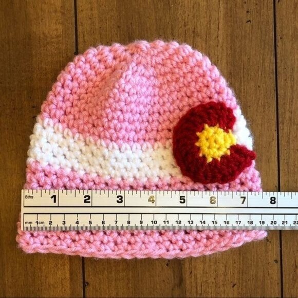 Handmade Pink Knit Beanie With Colorado Flag Design Hat For Toddlers - Picture 3 of 5